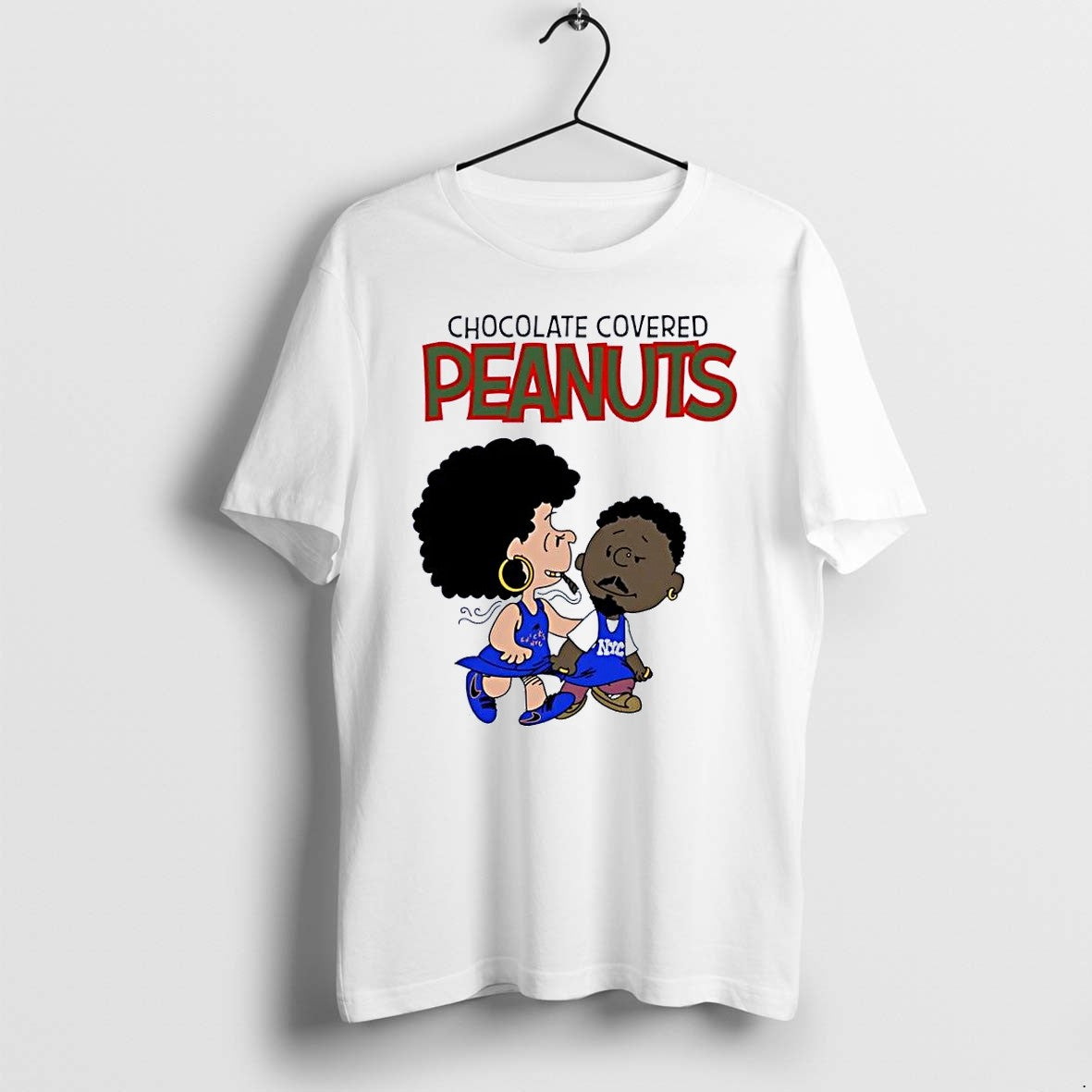 Original Chocolate Covered Peanuts Cartoon Characters Wearing New York Knicks Jersey White Tshirts