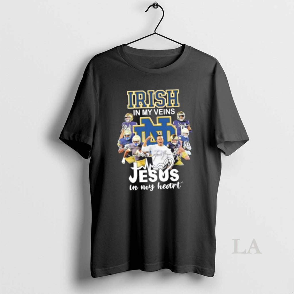 Original Coach Marcus Freeman And Players Notre Dame Fighting Irish In My Veins Jesus In T-Shirts, Hoodie, Sweatshirt