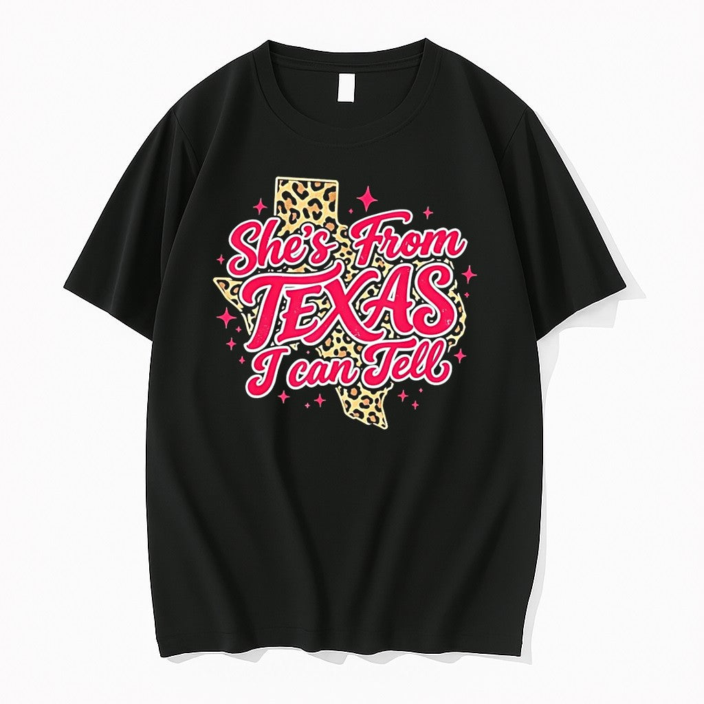 Original Leopard Print Western Women Shes From Texas I Can Tell Black Tshirts