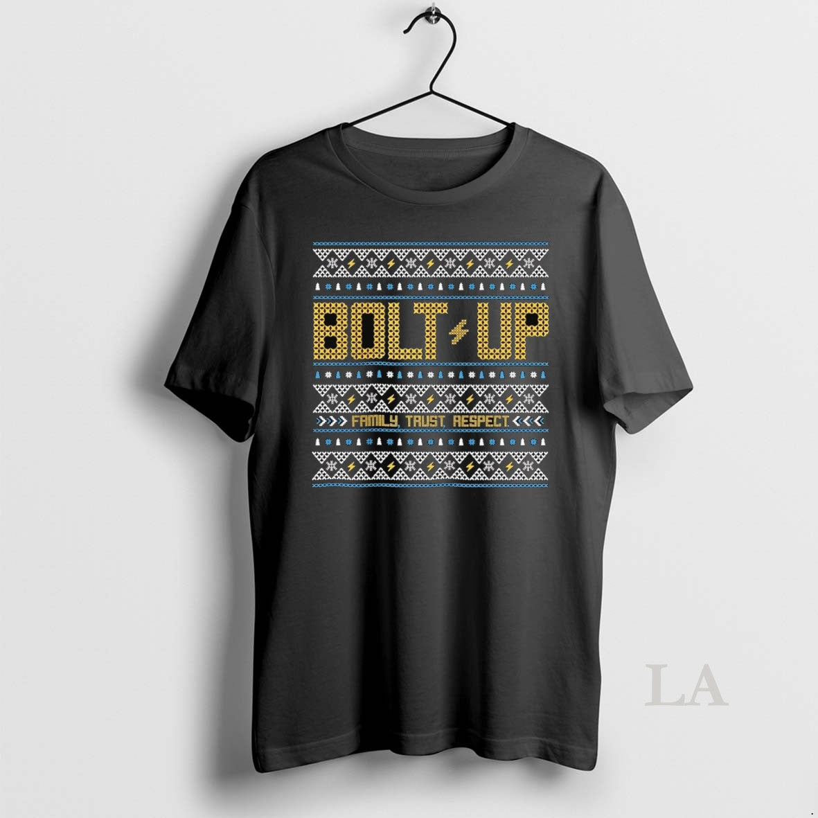 Original Los Angeles Chargers Bolt Up Family Trust Respect Ugly Christmas T-Shirts, Hoodie, Sweatshirt | PopFlextees.com