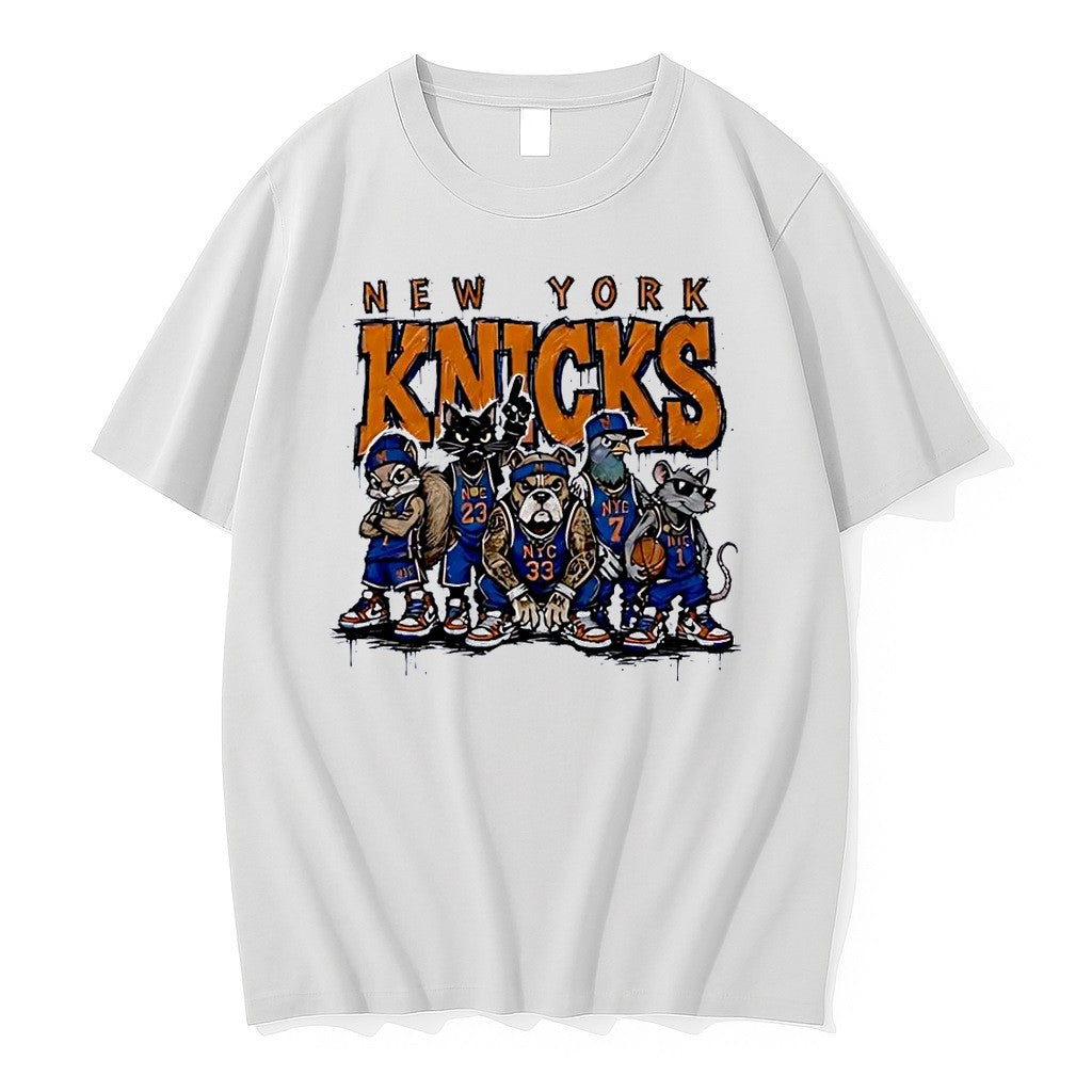 Original New York Knicks Characters Squirrel Cat Bulldog Pigeon Rat Basket Ball White Tshirts