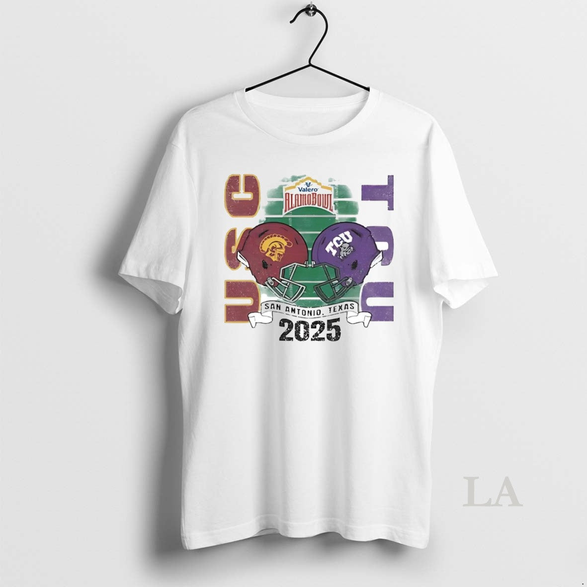 Original Tcu Horned Frogs Vs Usc Trojans 2025 Valero Alamo Bowl Head To Head Helmet T-Shirts, Hoodie, Sweatshirt