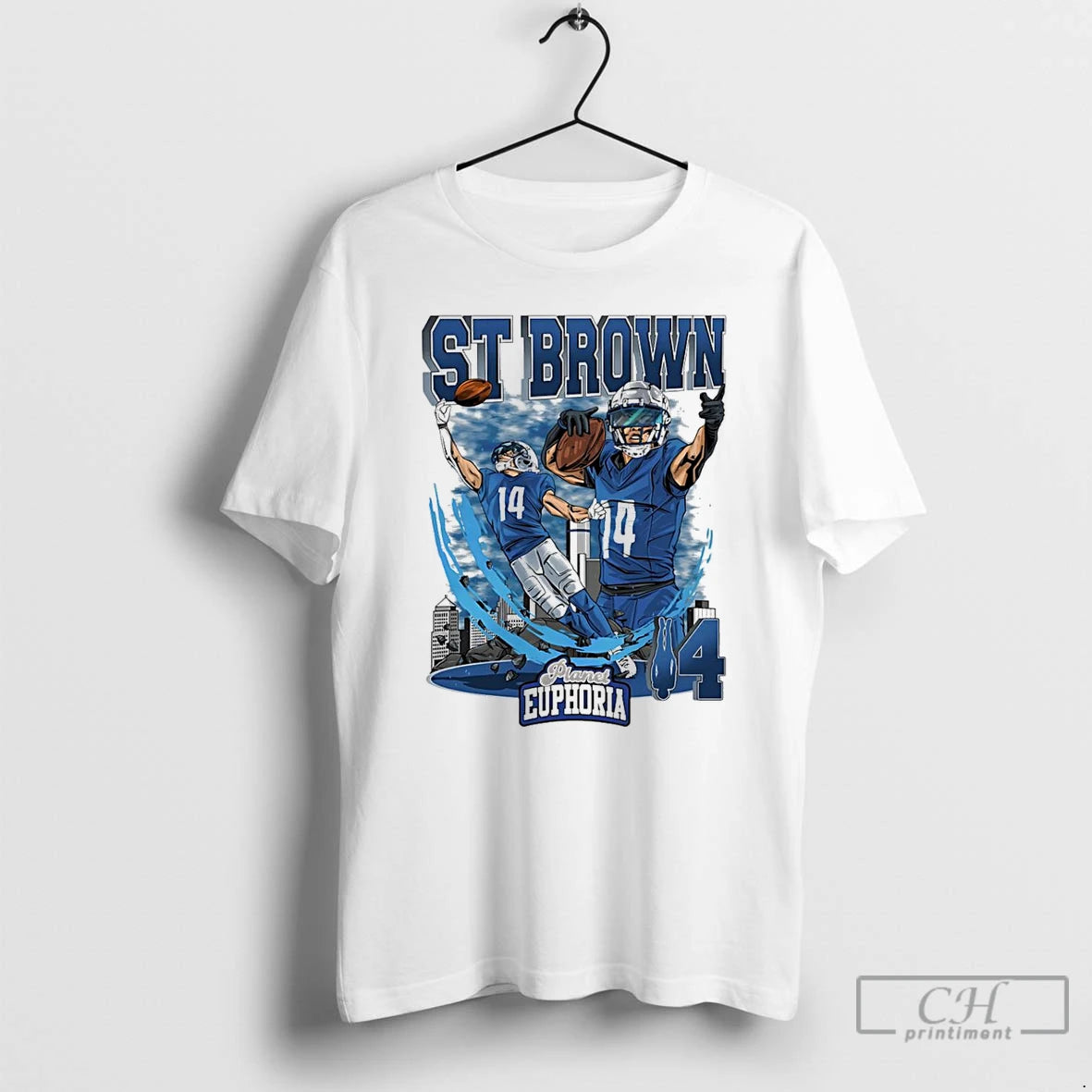 Premium Amon Ra St Brown 14 Detroit Lions Football Skyline Graphic T-Shirts, Hoodie, Sweatshirt | PopFlextees.com