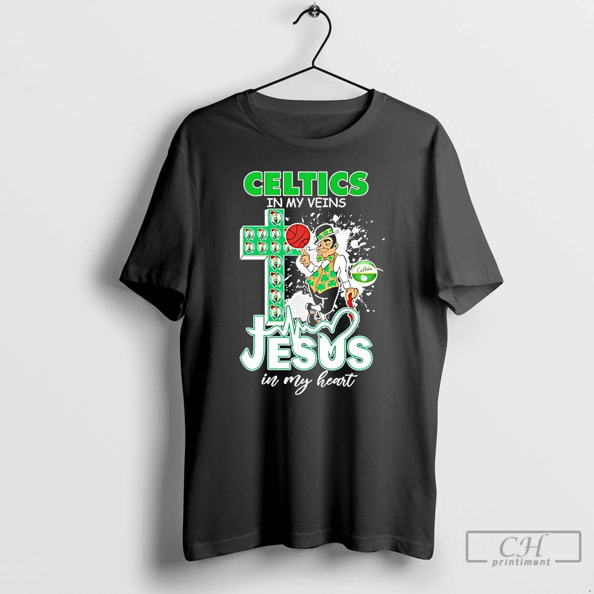 Premium Boston Celtics In My Veins Jesus In My Heart Mascot T-Shirts, Hoodie, Sweatshirt | PopFlextees.com