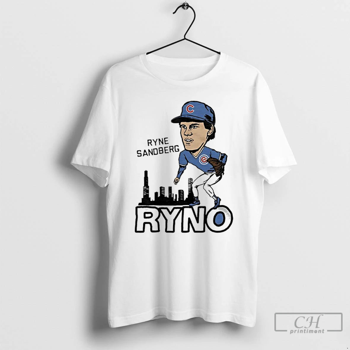 Premium Chicago Cubs Ryne Sandberg Ryno City Skyline Player Caricature T-Shirts, Hoodie, Sweatshirt | PopFlextees.com