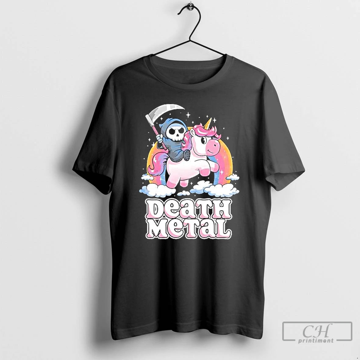 Premium Death Metal Grim Reaper Riding Unicorn Cartoon T-Shirts, Hoodie, Sweatshirt | PopFlextees.com