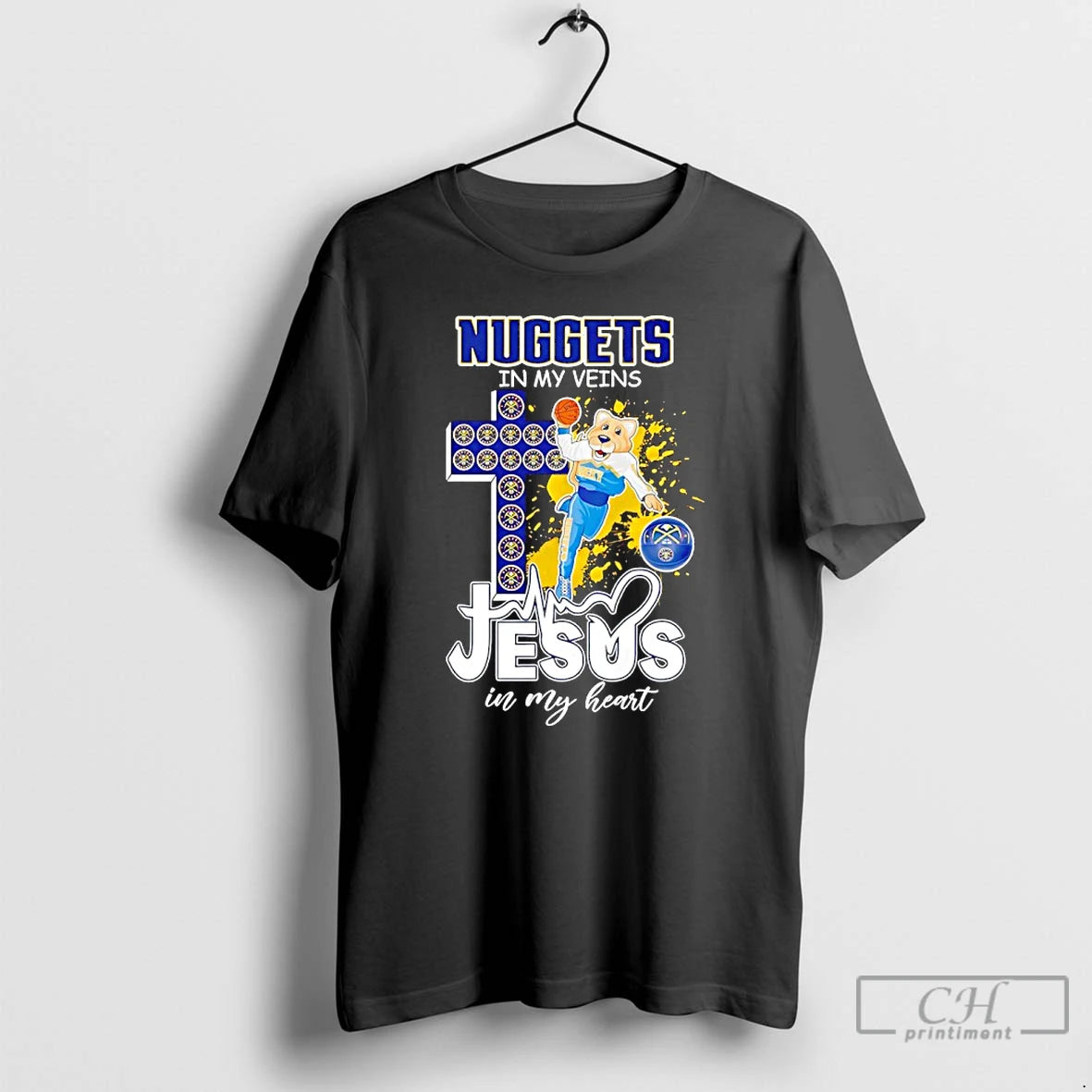 Premium Denver Nuggets In My Veins Jesus In My Heart Mascot T-Shirts, Hoodie, Sweatshirt | PopFlextees.com