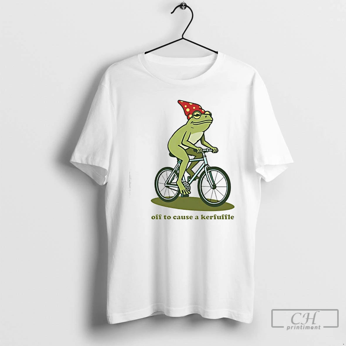Premium Frog Gnome Hat Riding Bicycle Off To Cause A Kerfuffle T-Shirts, Hoodie, Sweatshirt | PopFlextees.com