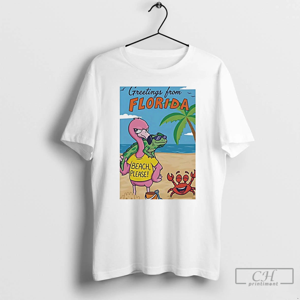 Premium Greetings From Florida Pink Flamingo Iguana Beach Please Happy Crab T-Shirts, Hoodie, Sweatshirt | PopFlextees.com