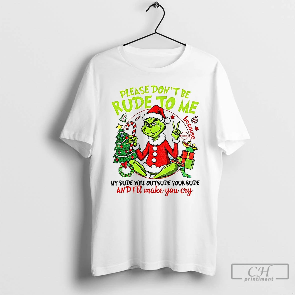 Premium Grinch Santa Please Dont Be Rude To Me My Rude Will Outrude Your Rude T-Shirts, Hoodie, Sweatshirt | PopFlextees.com