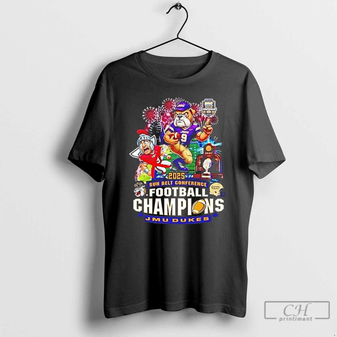 Premium James Madison Dukes 2025 Sun Belt Conference Champions Mascot T-Shirts, Hoodie, Sweatshirt | PopFlextees.com