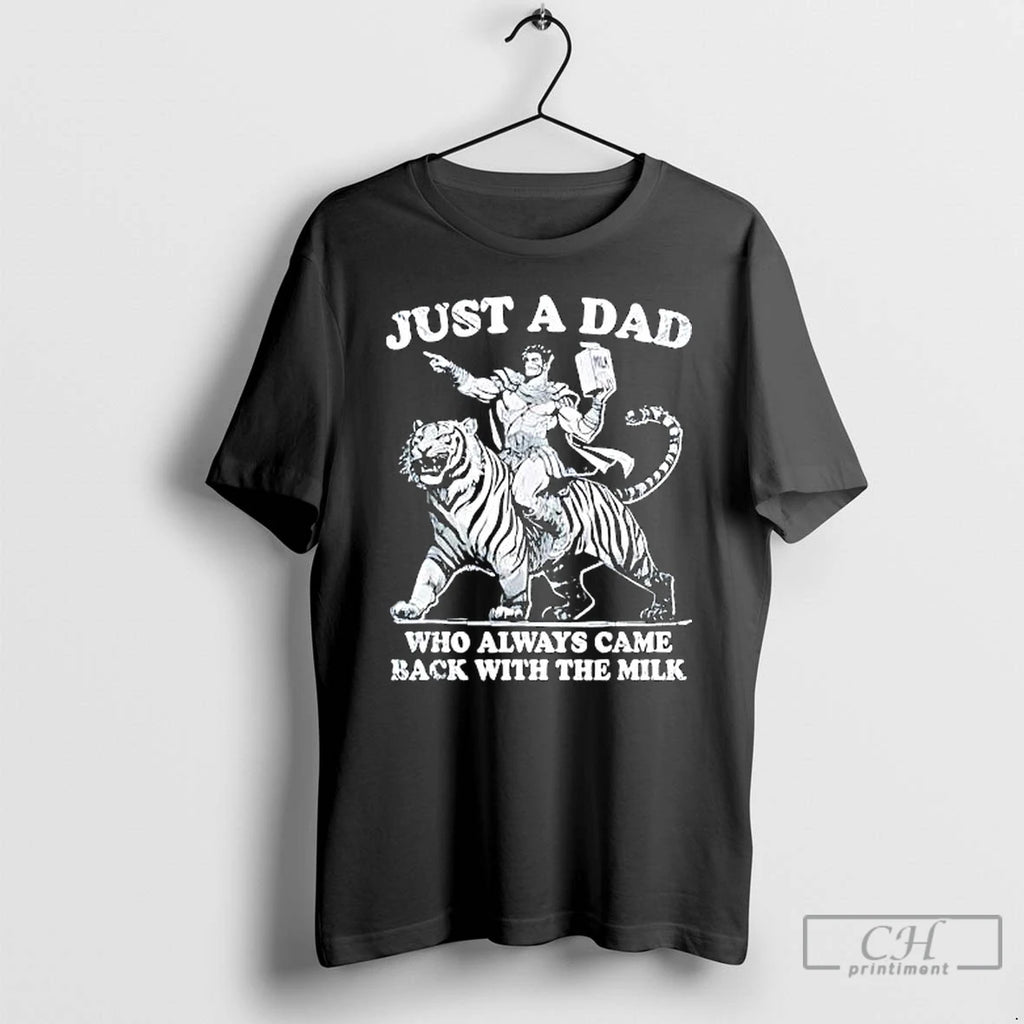 Premium Just A Dad Who Always Came Back With The Milk Warrior Riding A Tiger T-Shirts, Hoodie, Sweatshirt | PopFlextees.com