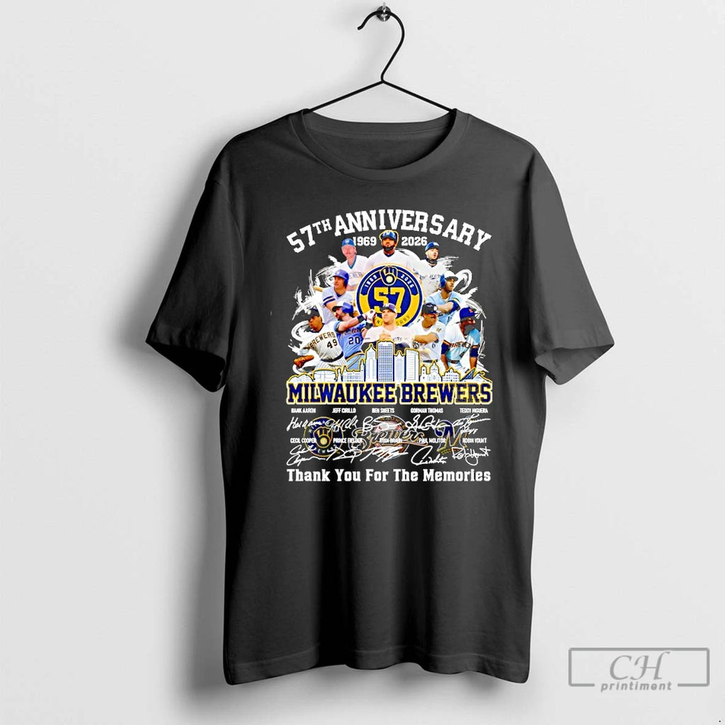Premium Milwaukee Brewers 57th Anniversary 1969 2026 Players And City Skyline Signature T Shirts Sweater Hoodie, Sweatshirt