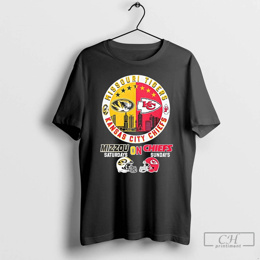 Premium Missouri Tigers On Saturdays And Kansas City Chiefs On Sundays Helmet Logo Mashup T-Shirts, Hoodie, Sweatshirt