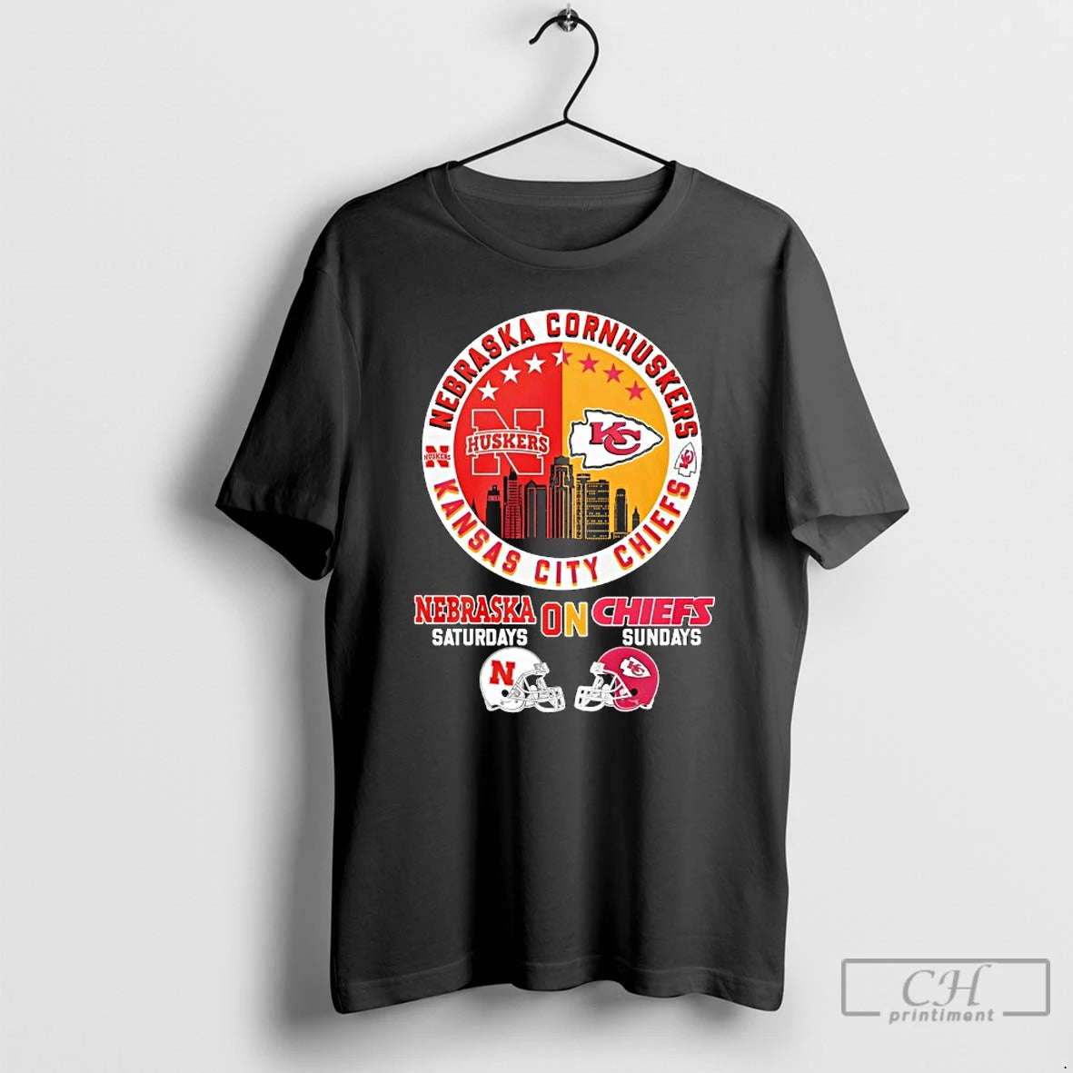 Premium Nebraska Cornhuskers On Saturdays And Kansas City Chiefs On Sundays Helmet Logo Mashup T-Shirts, Hoodie, Sweatshirt