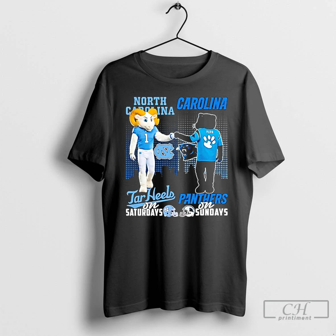 Premium North Carolina Tar Heels On Saturdays Vs Carolina Panthers On Sundays Mascot Skyline T-Shirts, Hoodie, Sweatshirt