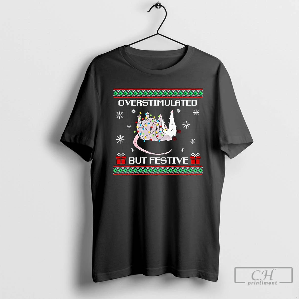 Premium Overstimulated But Festive Possum Light Christmas T-Shirts, Hoodie, Sweatshirt | PopFlextees.com