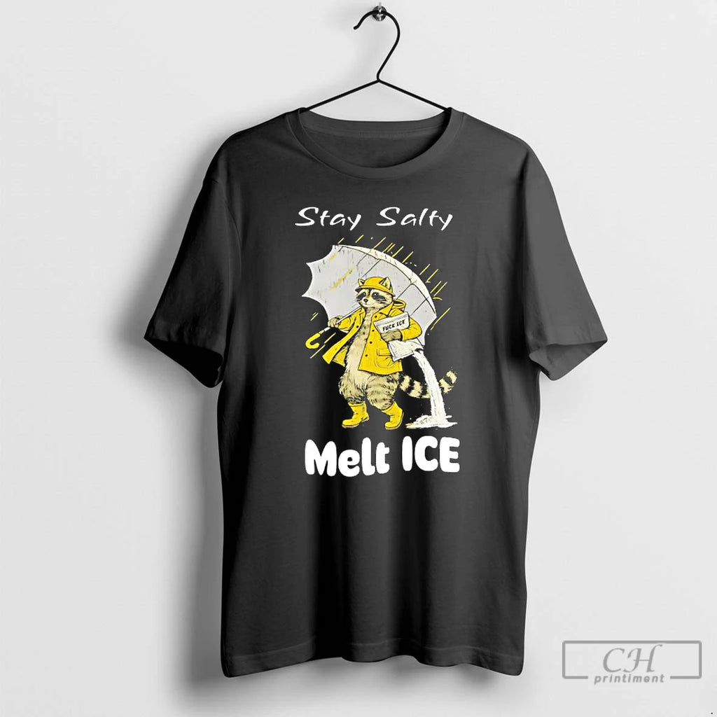 Premium Raccoon In A Yellow Raincoat Stay Salty Melt Ice Anti Ice T Shirts Sweater Hoodie, Sweatshirt | PopFlextees.com