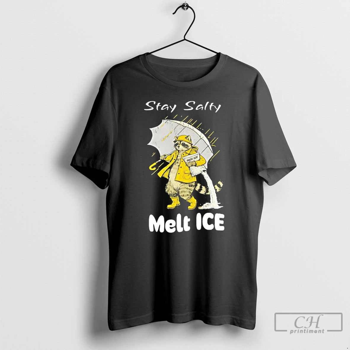 Premium Raccoon In A Yellow Raincoat Stay Salty Melt Ice Anti Ice T Shirts Sweater Hoodie, Sweatshirt | PopFlextees.com