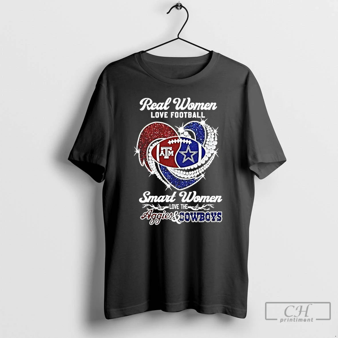 Premium Real Women Love Football Smart Women Love The Aggier And Cowboys Heart Diamond T-Shirts, Hoodie, Sweatshirt