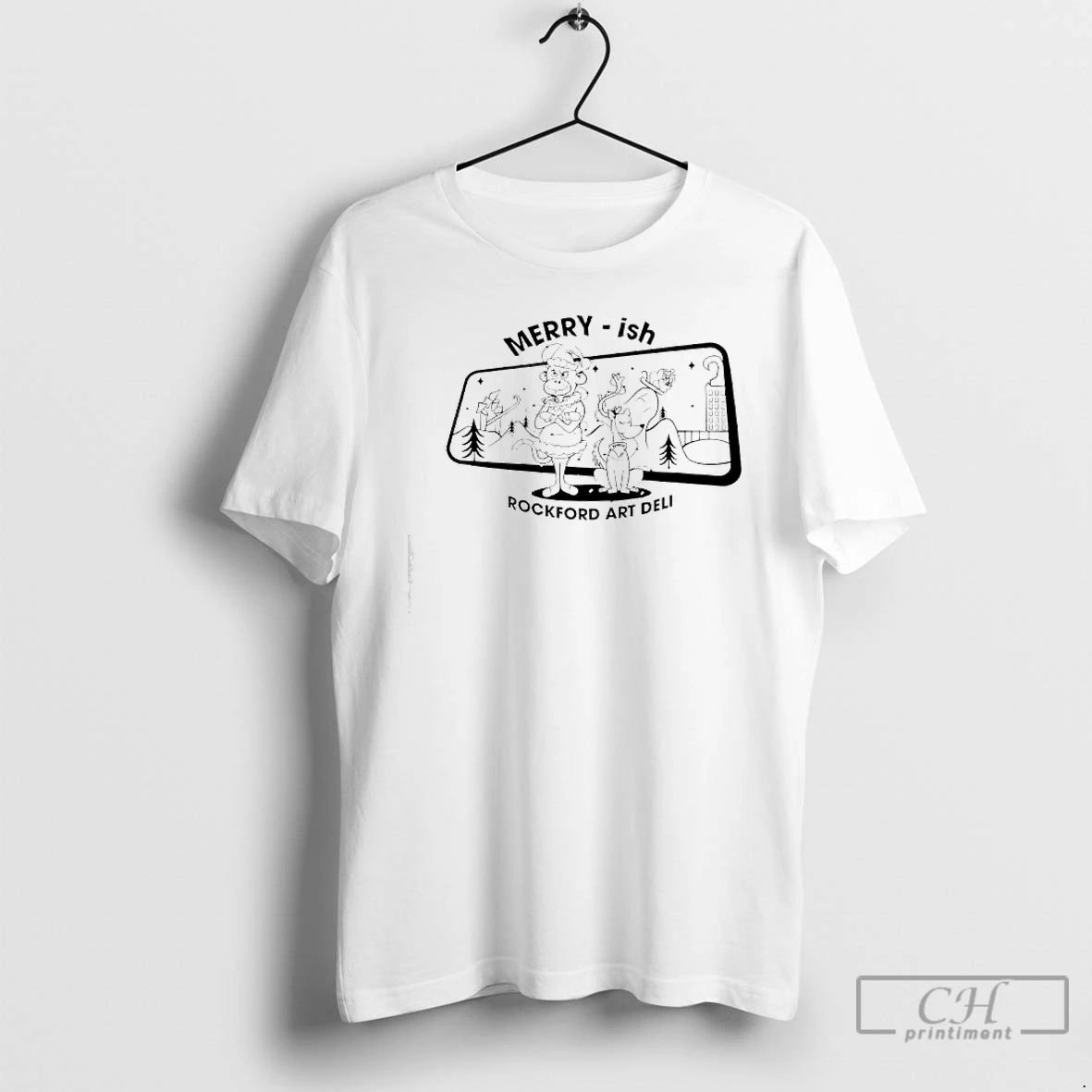 Premium Rockford Art Deli Merry Ish Holiday Monkey Dog Graphic T-Shirts, Hoodie, Sweatshirt | PopFlextees.com