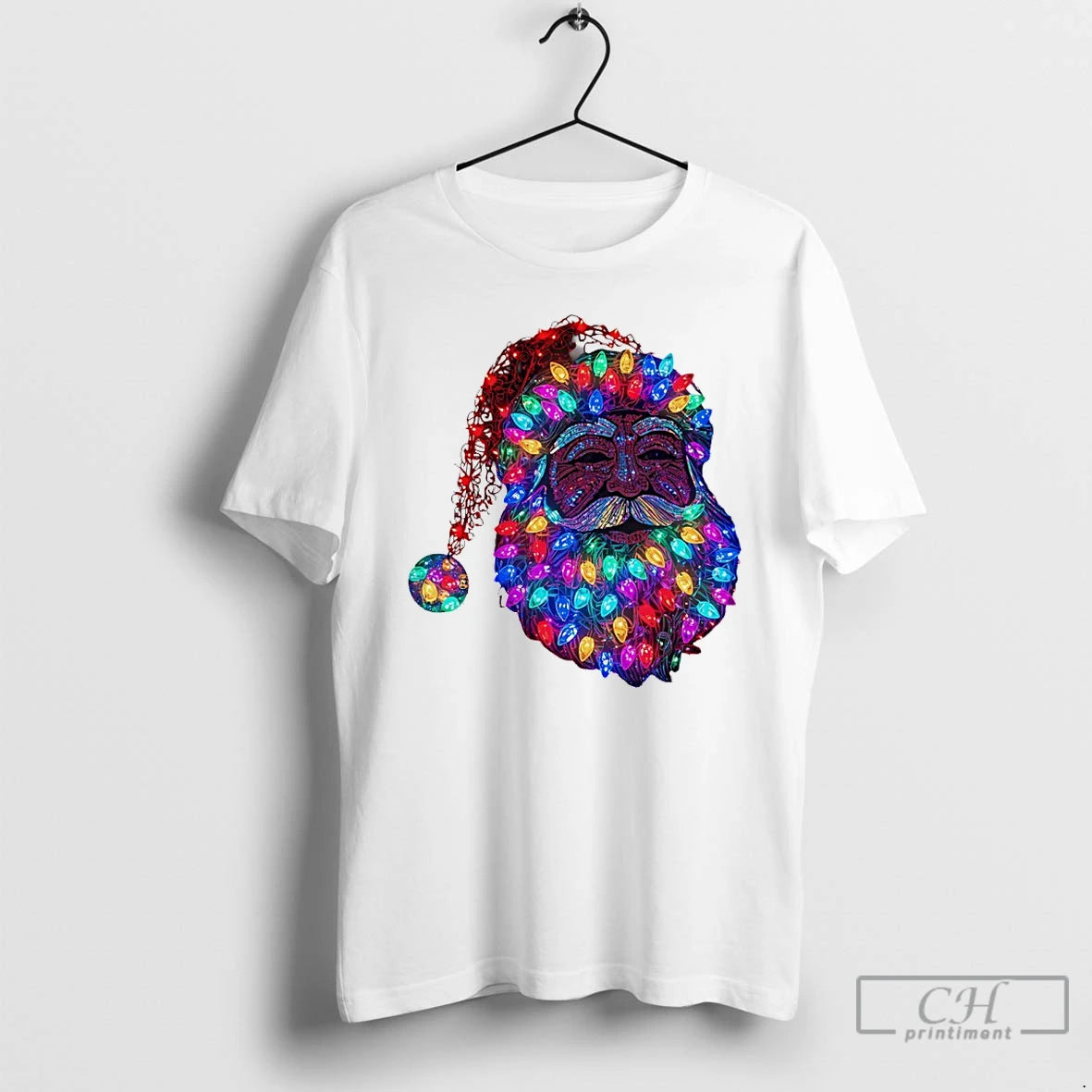 Premium Santa Claus Face Made From Christmas Tree Lights T-Shirts, Hoodie, Sweatshirt | PopFlextees.com