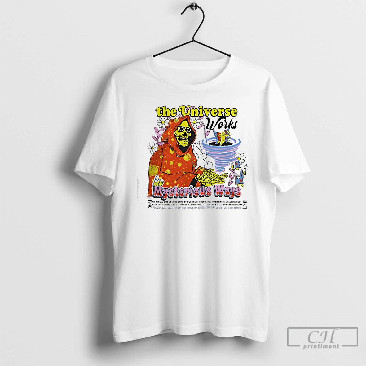 Premium Skeleton The Universe Works In Mysterious Ways Off White T-Shirts, Hoodie, Sweatshirt | PopFlextees.com