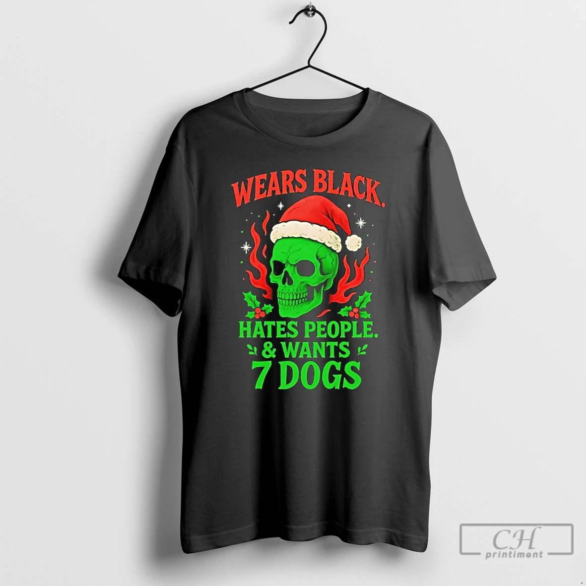 Premium Skull Santa Wears Black Hates People And Wants 7 Dogs T-Shirts, Hoodie, Sweatshirt | PopFlextees.com