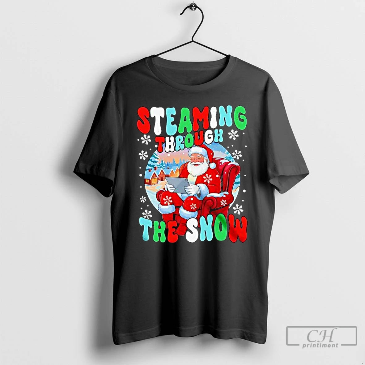 Premium Streaming Through Snow Groovy Santa Merry Christmas T-Shirts, Hoodie, Sweatshirt | PopFlextees.com