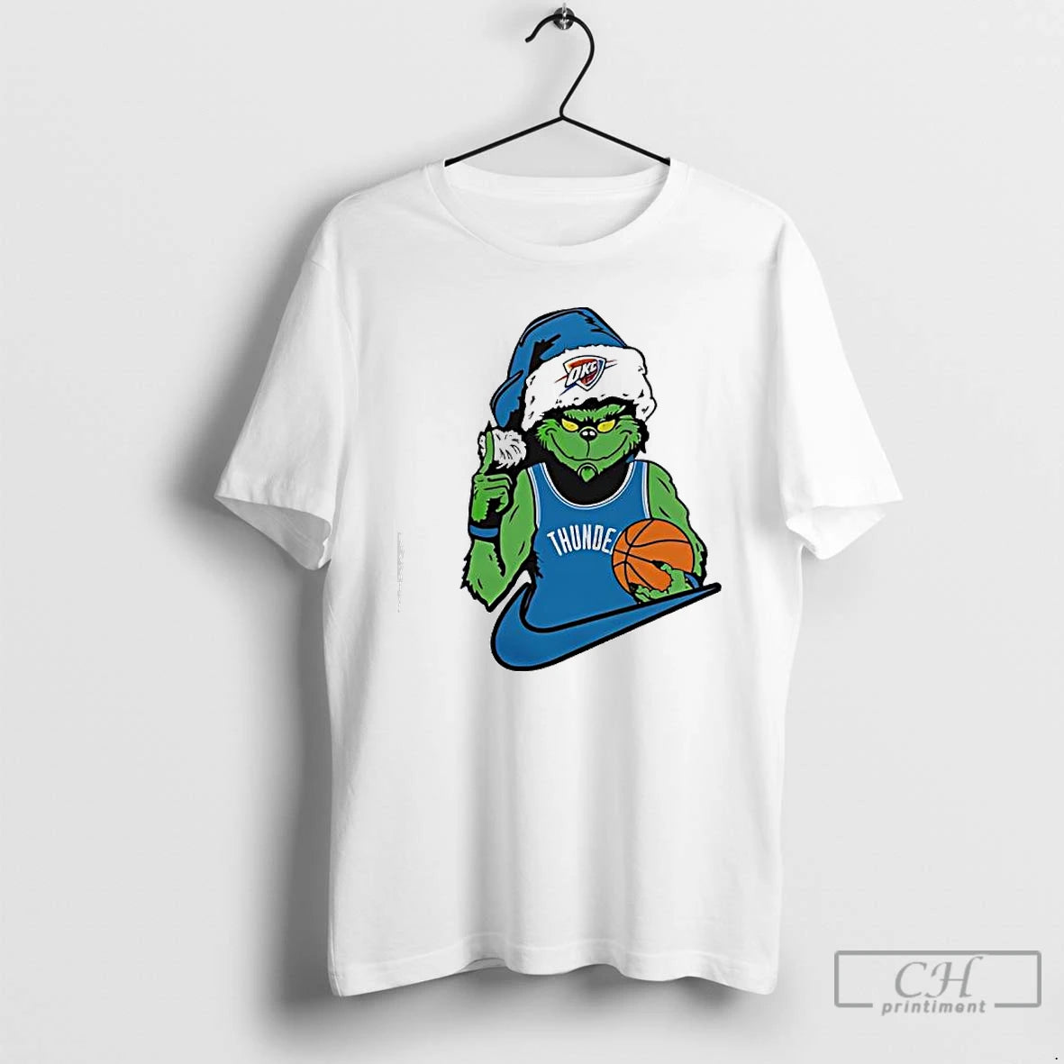 Premium The Grinch In An Oklahoma City Thunder Jersey Santa Hat T-Shirts, Hoodie, Sweatshirt | PopFlextees.com