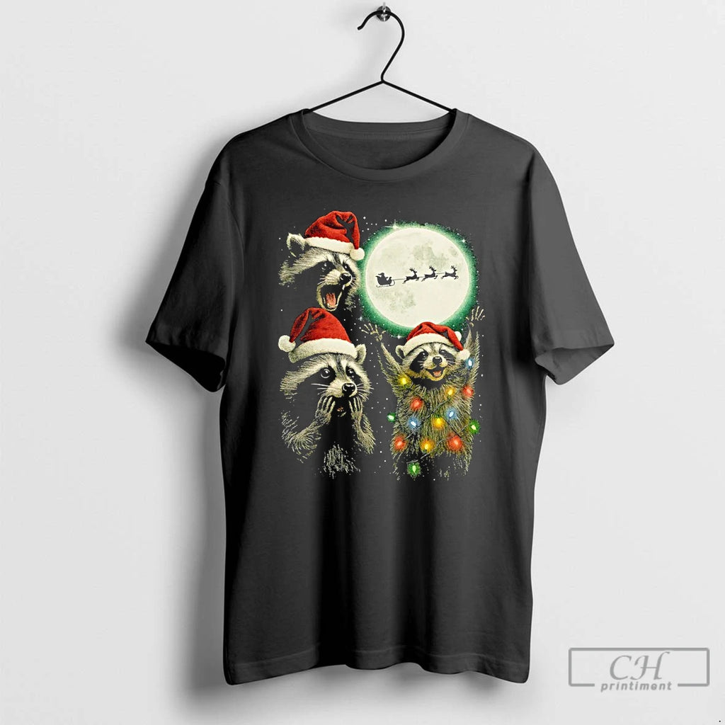 Premium Three Raccoons With The Moon Christmas Santa Claus T-Shirts, Hoodie, Sweatshirt | PopFlextees.com