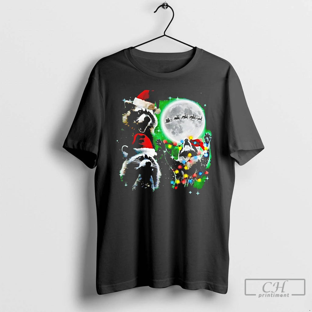 Premium Three Raccoons With The Moon Christmas T-Shirts, Hoodie, Sweatshirt | PopFlextees.com
