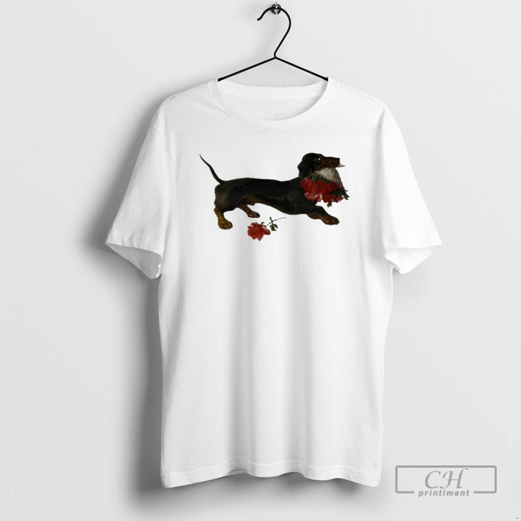 Premium Top Dachshund Running With A Bouquet Of Red Flowers In Her Mouth Shirt Sweater Hoodie, Sweatshirt | PopFlextees.com