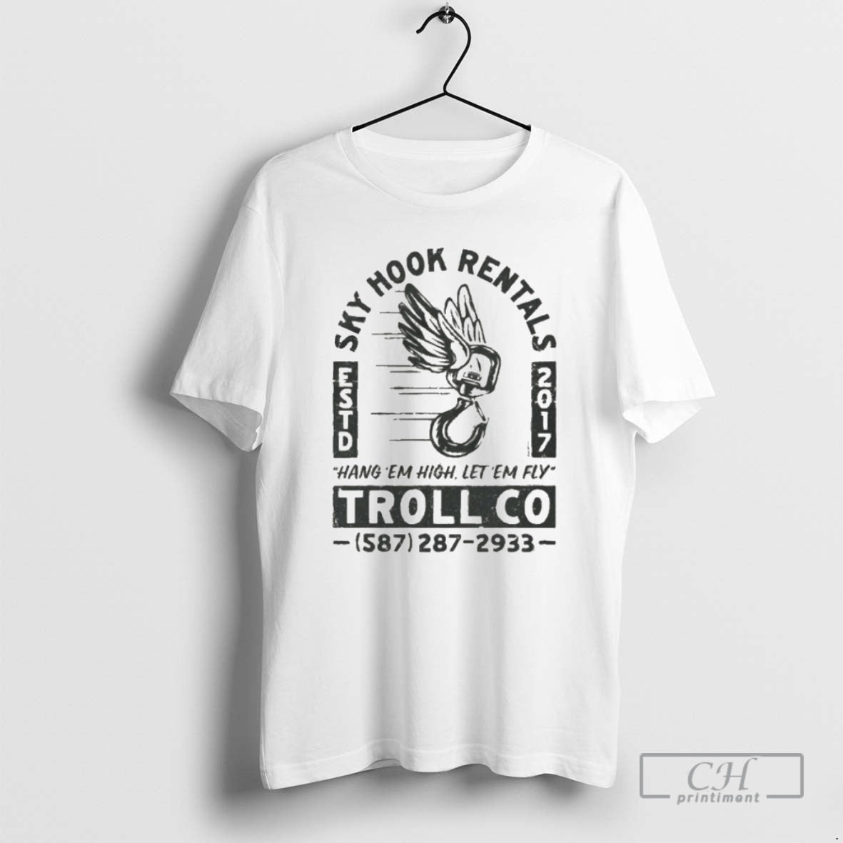 Premium Troll Co Sky Hook Rentals Hang Em High Let Em Fly High Shirt Sweater Hoodie, Sweatshirt | PopFlextees.com