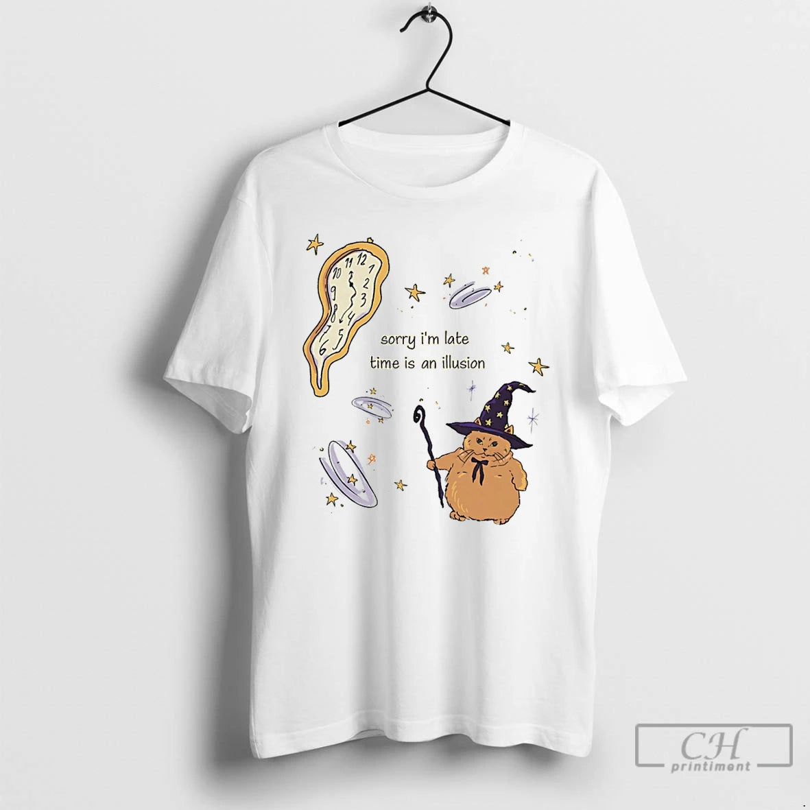 Premium Wizard Cat Sorry Im Late Time Is An Illusion T-Shirts, Hoodie, Sweatshirt | PopFlextees.com