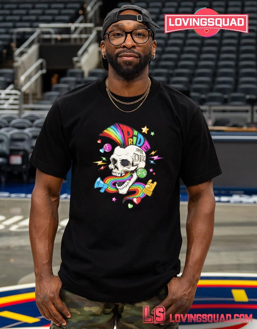 Pride or Die Rainbow Skull Disco Party Graphic Shirt