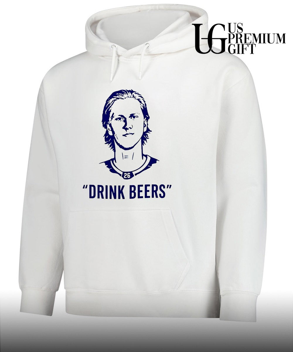 Sam Carrick wearing Rasmus Dahlin Drink Beer shirt