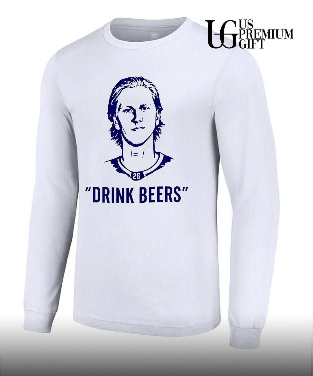 Sam Carrick wearing Rasmus Dahlin Drink Beer shirt