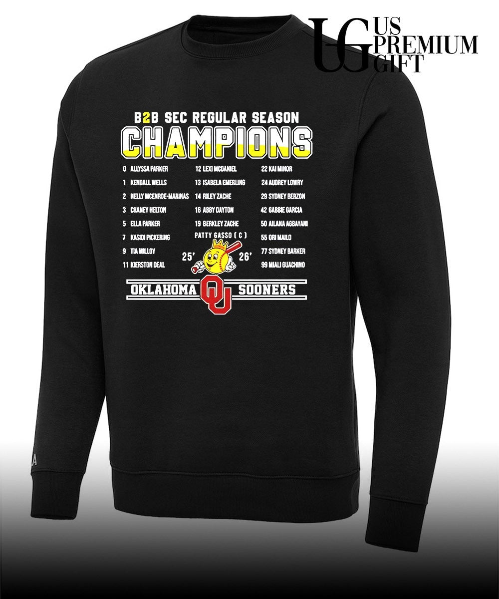 Sooners Softball B2B SEC Regular Season Champions 2026 player names shirt