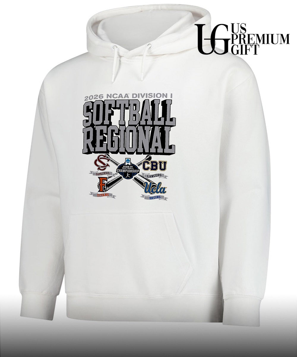 South Carolina Gamecocks and California Baptist Lancers and Cal State Fullerton Titans and UCLA Bruins 2026 NCAA Division I Softball Regional logo shirt