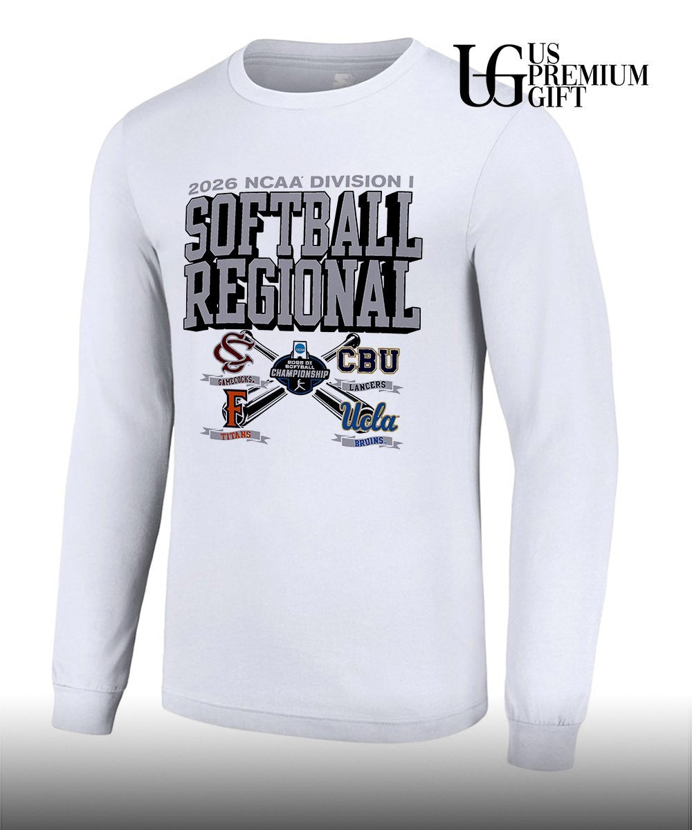 South Carolina Gamecocks and California Baptist Lancers and Cal State Fullerton Titans and UCLA Bruins 2026 NCAA Division I Softball Regional logo shirt