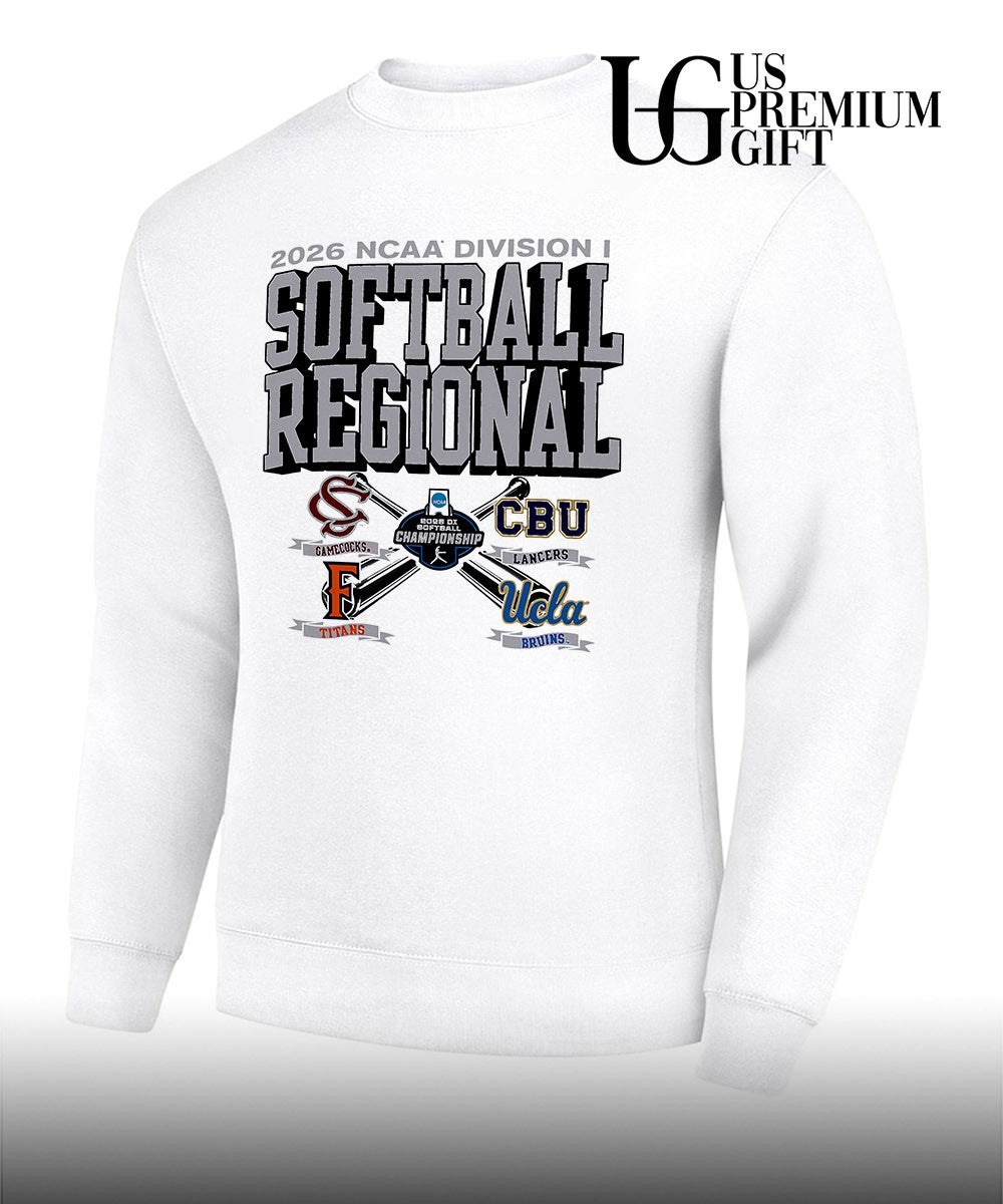 South Carolina Gamecocks and California Baptist Lancers and Cal State Fullerton Titans and UCLA Bruins 2026 NCAA Division I Softball Regional logo shirt