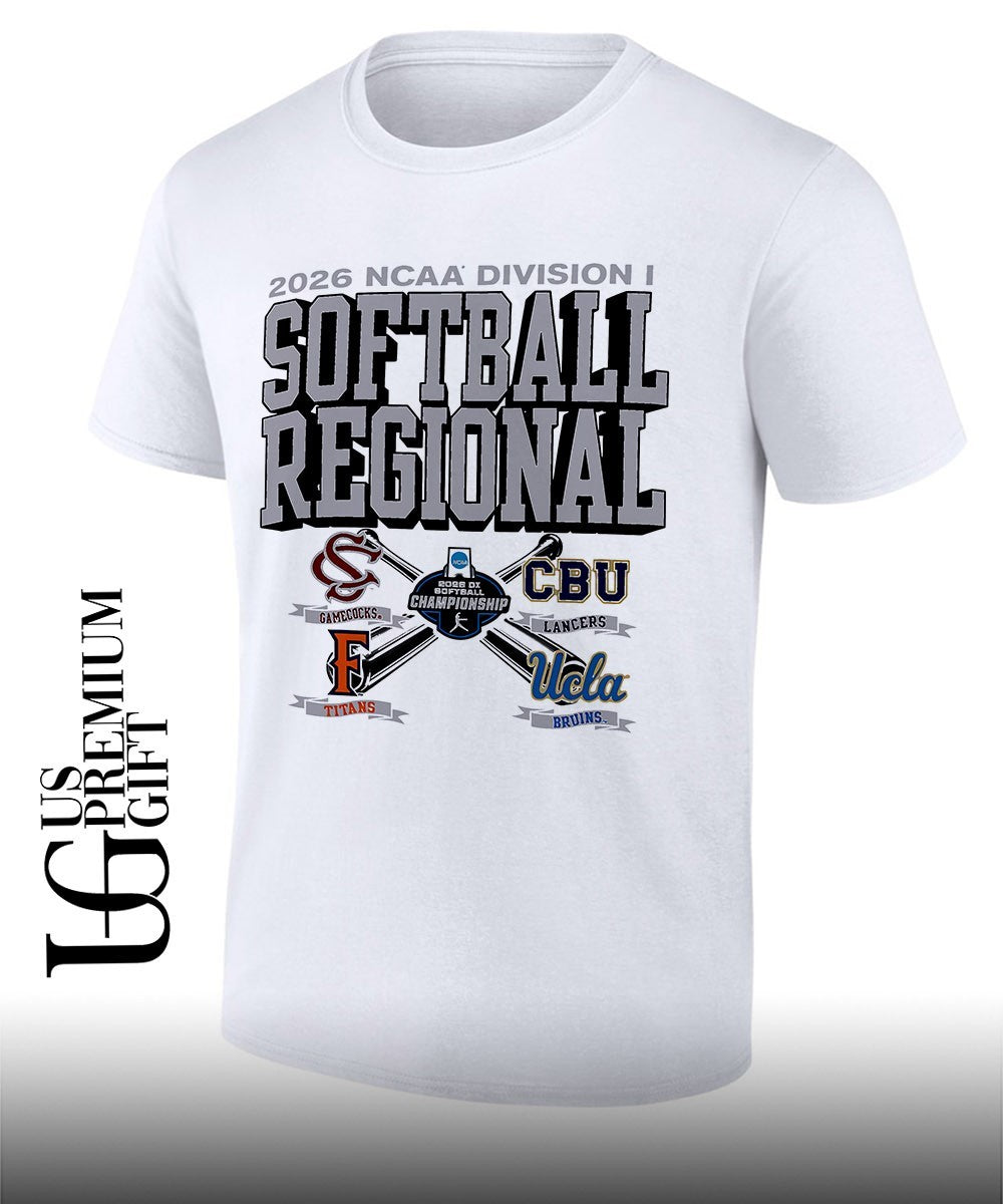 South Carolina Gamecocks and California Baptist Lancers and Cal State Fullerton Titans and UCLA Bruins 2026 NCAA Division I Softball Regional logo shirt