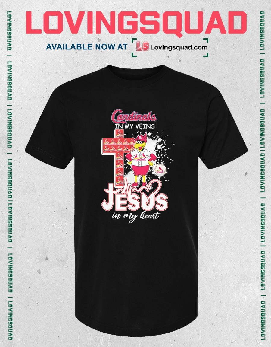 St. Louis Cardinals Fredbird in my veins Jesus in my heart mascot shirt