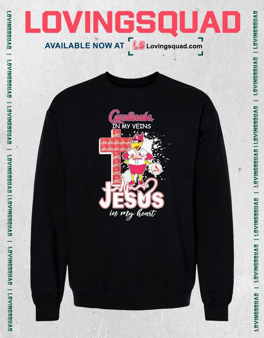 St. Louis Cardinals Fredbird in my veins Jesus in my heart mascot shirt