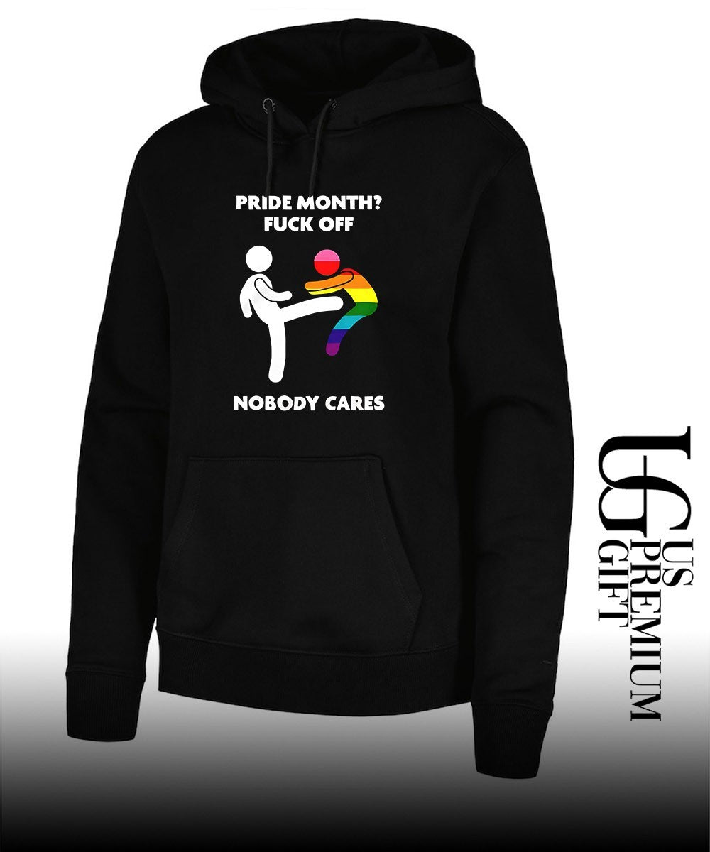 Stick figure kicking rainbow character pride month fuck off nobody cares shirt