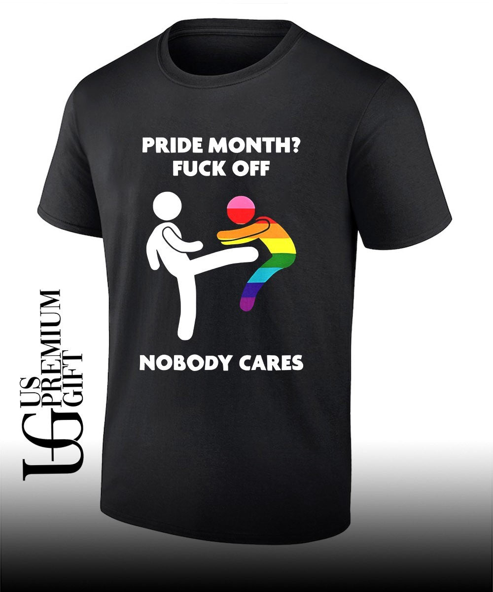 Stick figure kicking rainbow character pride month fuck off nobody cares shirt