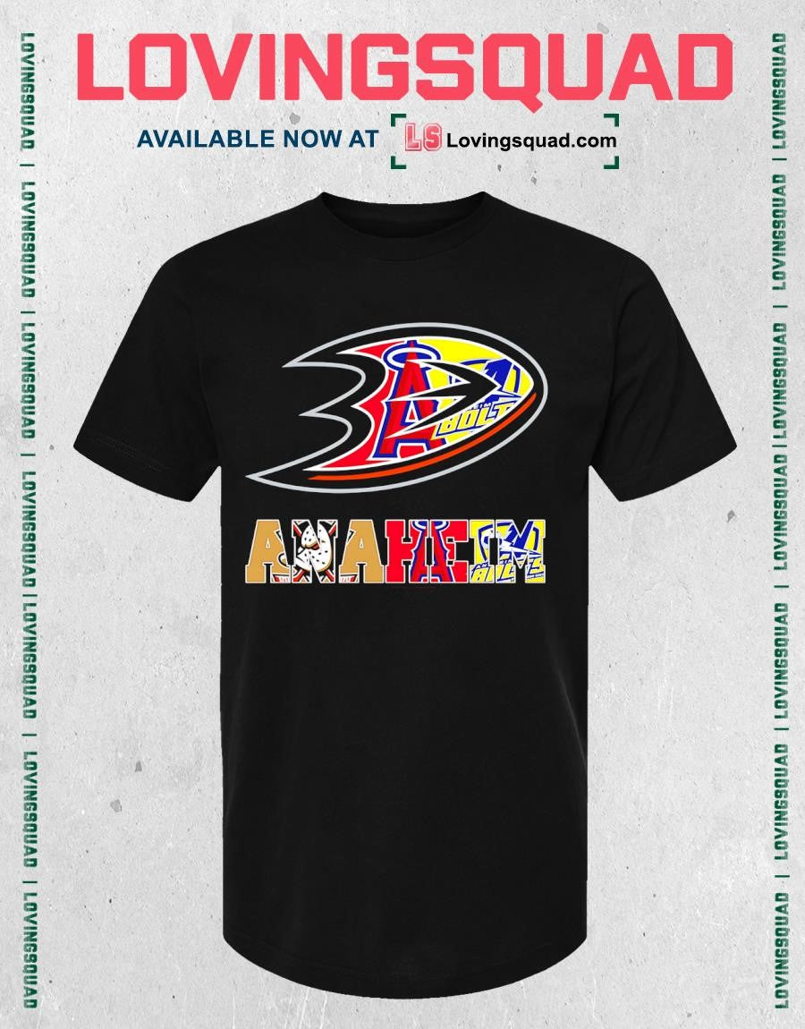 Teams of Anaheim Ducks Bolts LA Angels sports logos graphic shirt