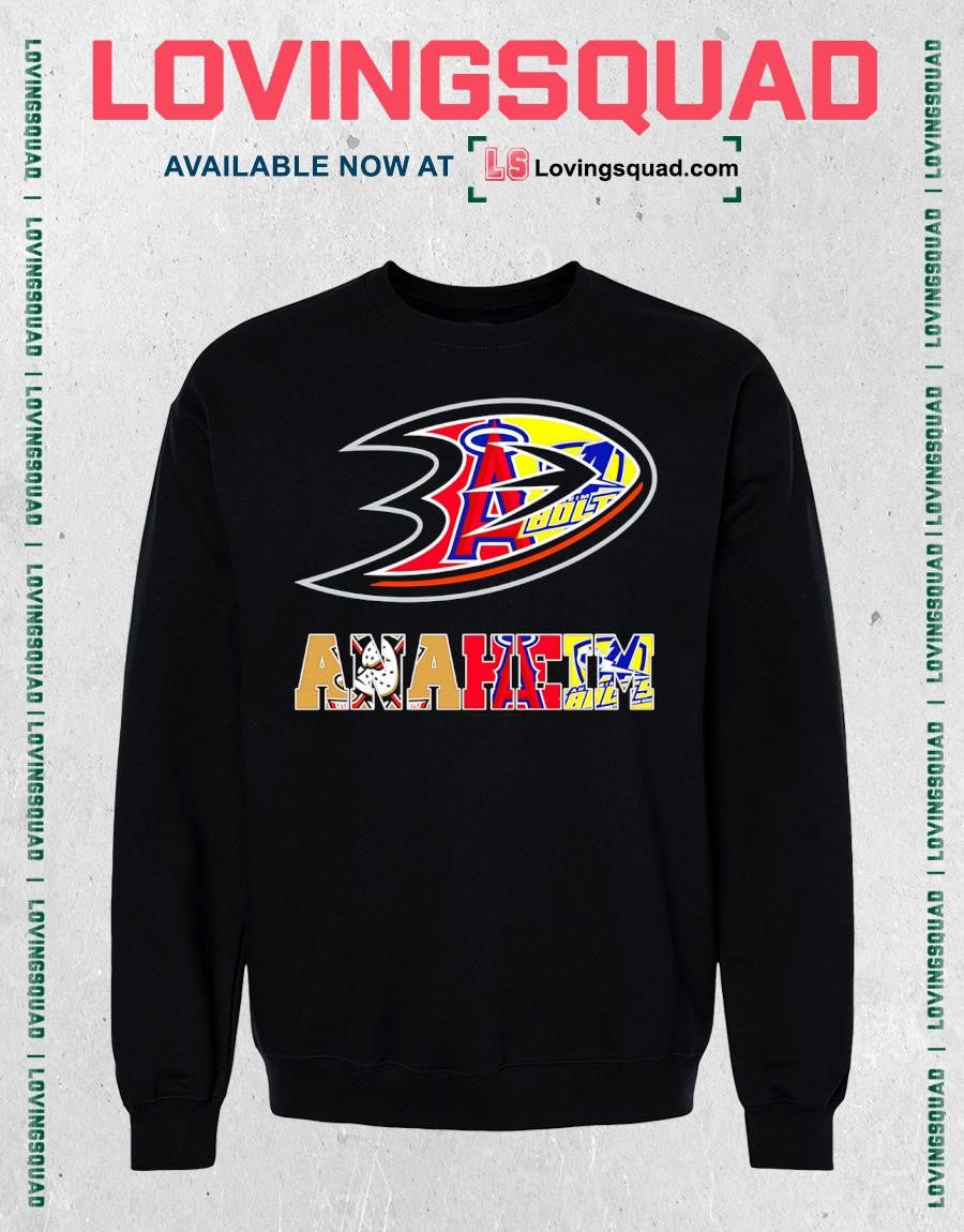 Teams of Anaheim Ducks Bolts LA Angels sports logos graphic shirt
