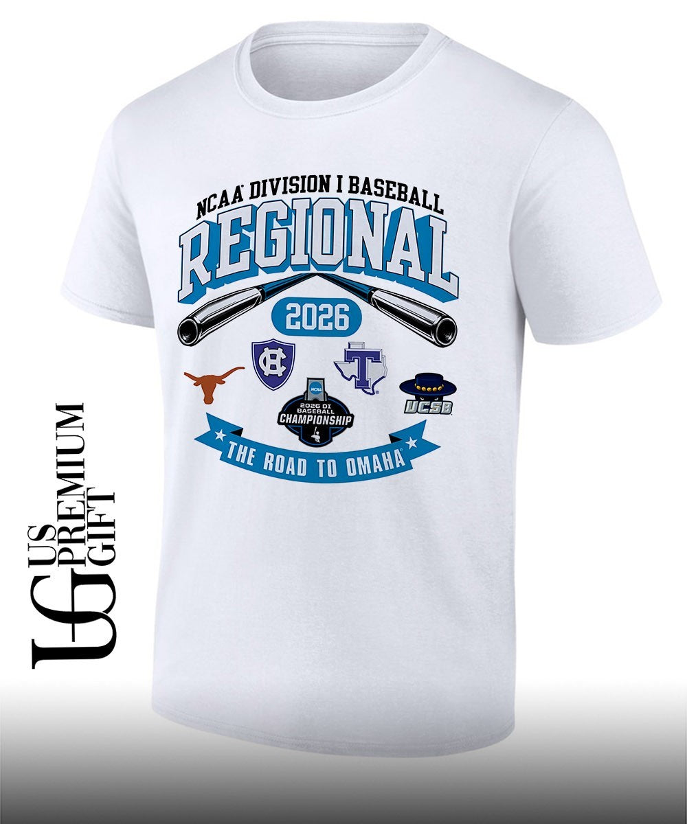 Texas Longhorns and Holy Cross Crusaders and Texas Tech Red Raiders and UCSB 2026 NCAA Division I Baseball Regional Road to Omaha shirt